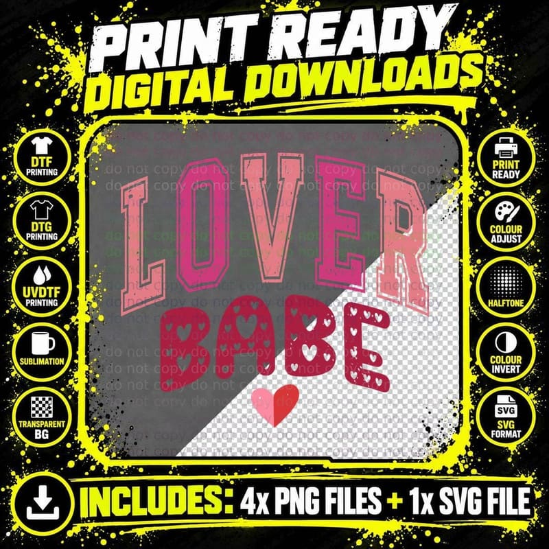 Lover Babe Pink Red Striped Text Hearts Love Quote Png SVG Digital Bundle