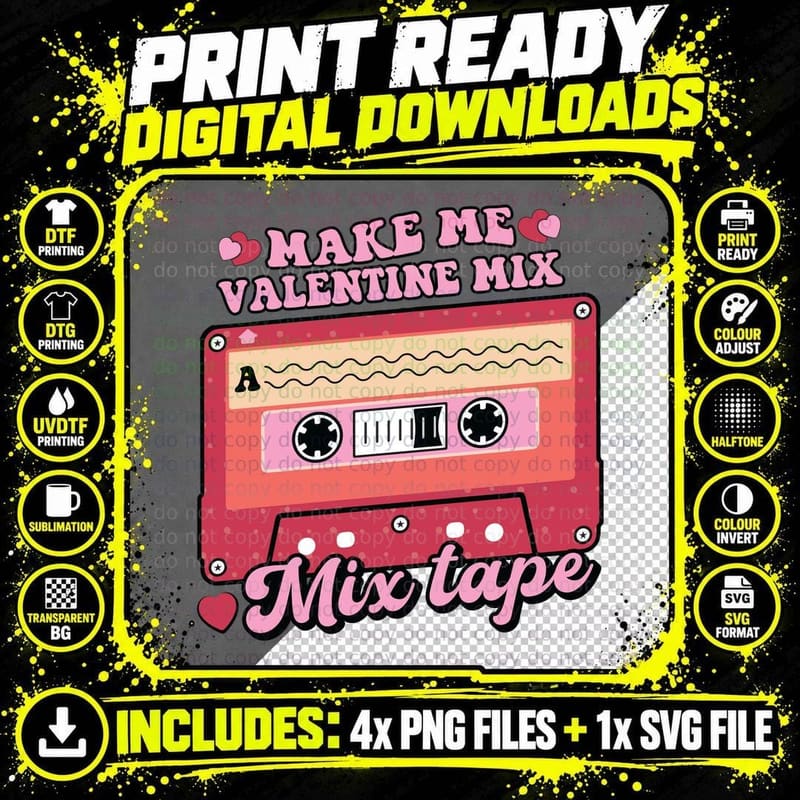 Make Me Valentine Mix Mixtape Pink Cassette Tape Retro Png SVG Digital Bundle