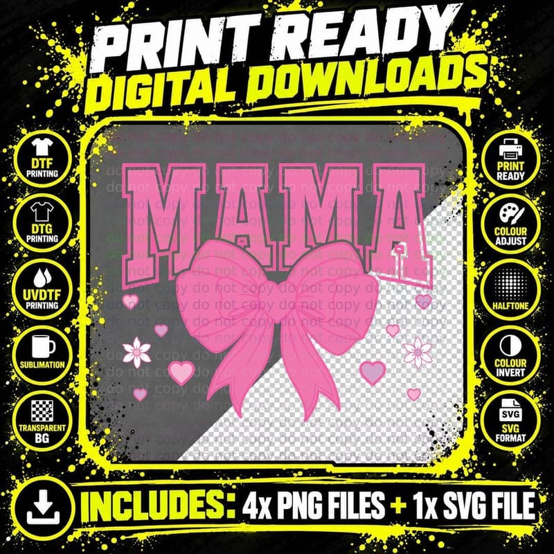 Mama Pink Outlined Text Bow Retro Valentine T-Shirt Png SVG Digital Bundle