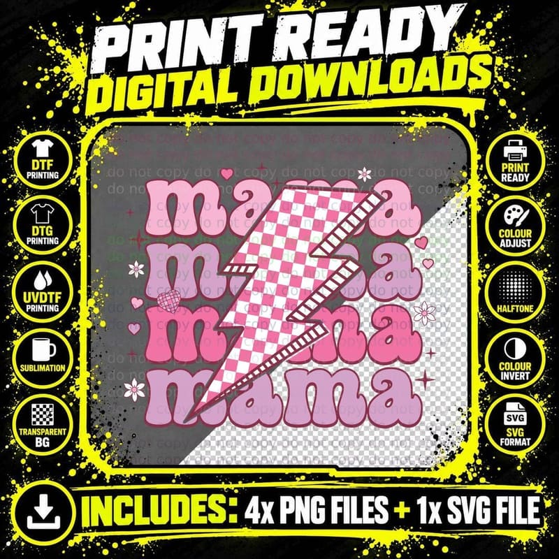 Mama Pink Text Checkered Lightning Retro Valentine Png SVG Digital Bundle