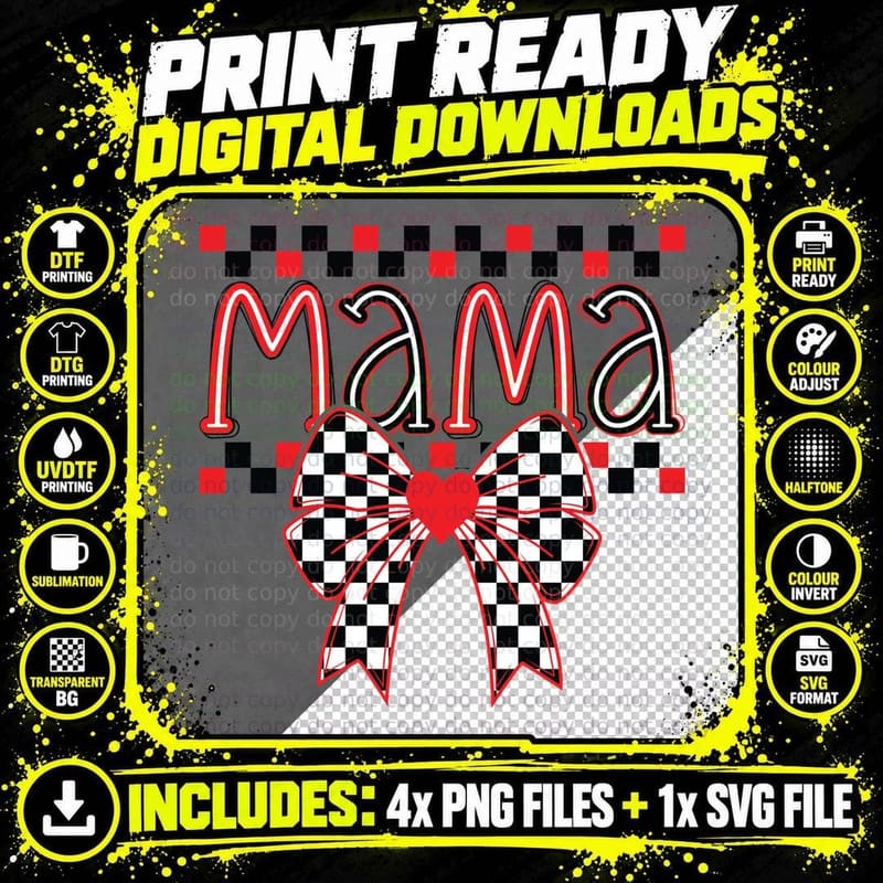 Mama Red White Black Checkered Bow Retro Valentine Png SVG Digital Bundle