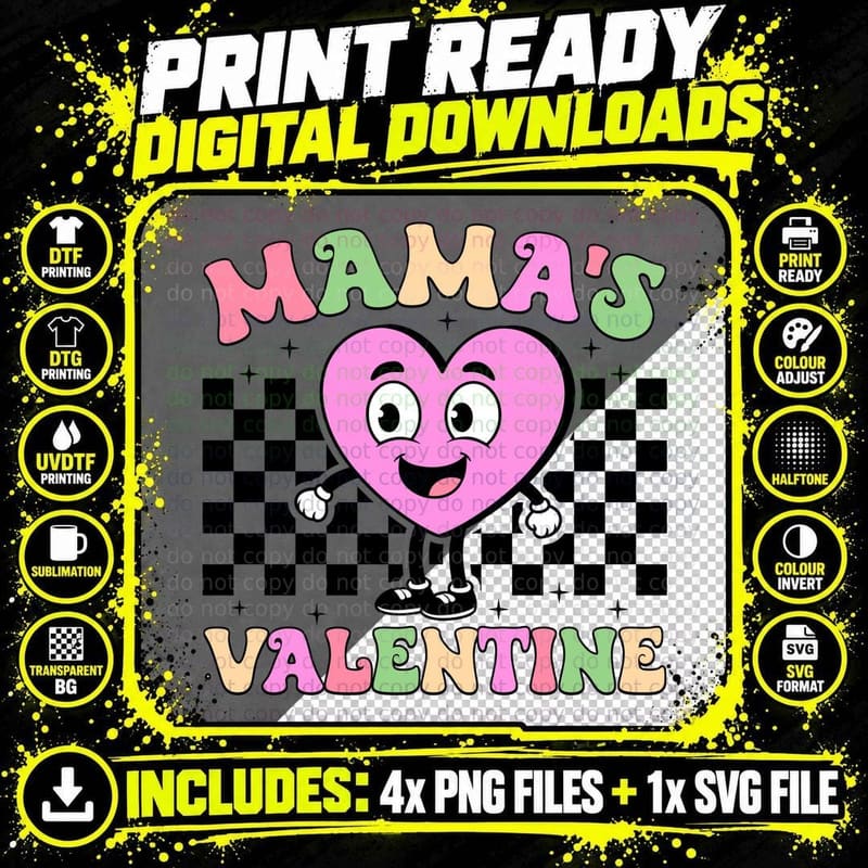 Mama Valentine Heart with Checkered Background Png SVG Digital Bundle