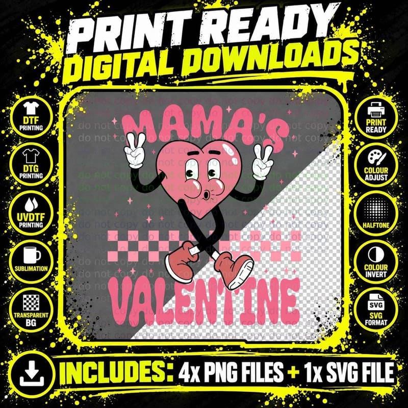 Mama's Valentine Pink Heart Character Checkered Retro Png SVG Digital Bundle
