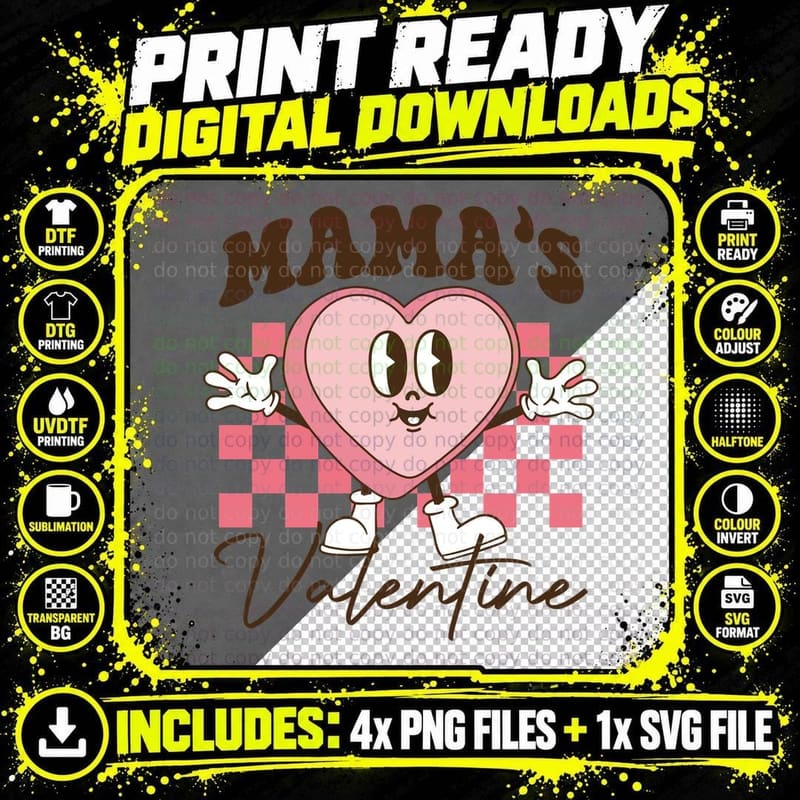 Mama's Valentine Pink Heart Character with Bow Checkered Png SVG Digital Bundle