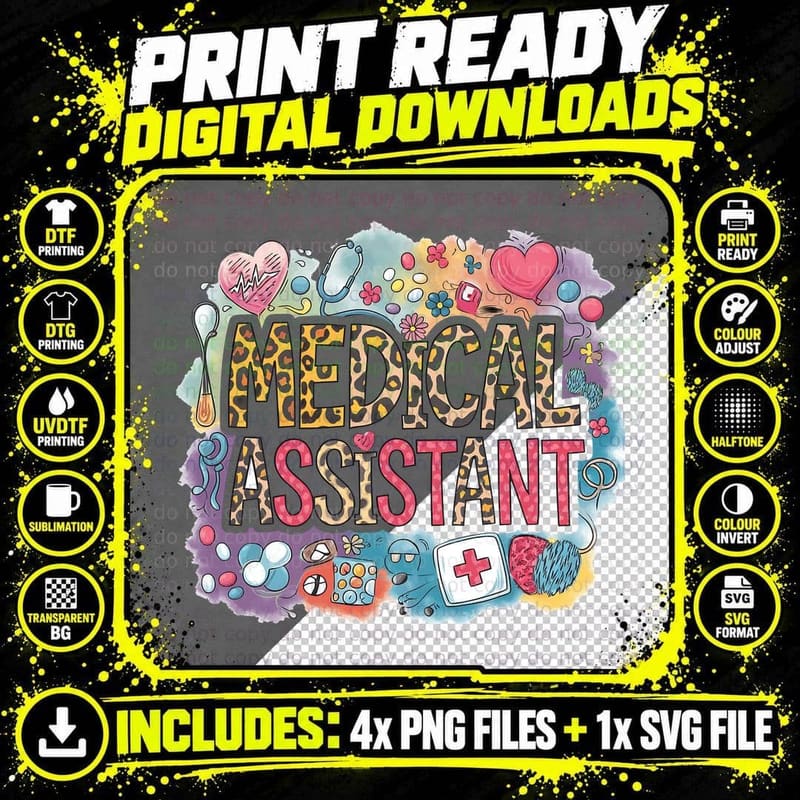 Medical Assistant Leopard Pattern Icons Healthcare Png SVG Digital Bundle