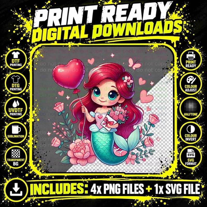 Mermaid Girl Pink Teal Tail Hearts Flowers Cute T-Shirt Png SVG Digital Bundle