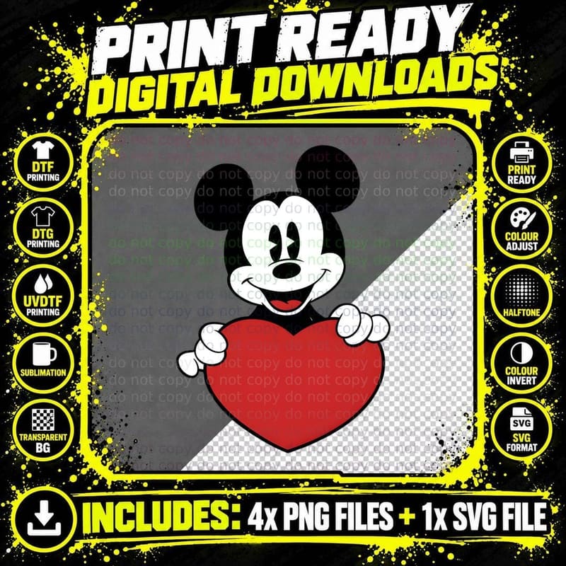 Mickey Black Red White Heart Hands Holding Love T-Shirt Png SVG Digital Bundle