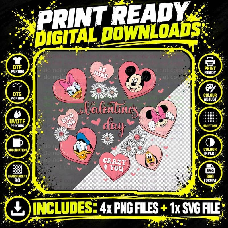 Mickey Minnie Hearts Pink White Flowers Valentine Cute Png SVG Digital Bundle