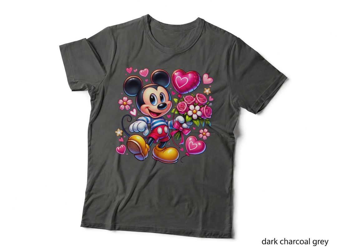 Mickey Pink Blue Hearts Flowers Bouquet T-Shirt