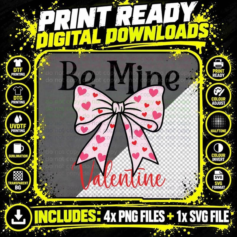 Mine Bow Be Valentine Heart with Text Pink White T-Shirt Png SVG Digital Bundle