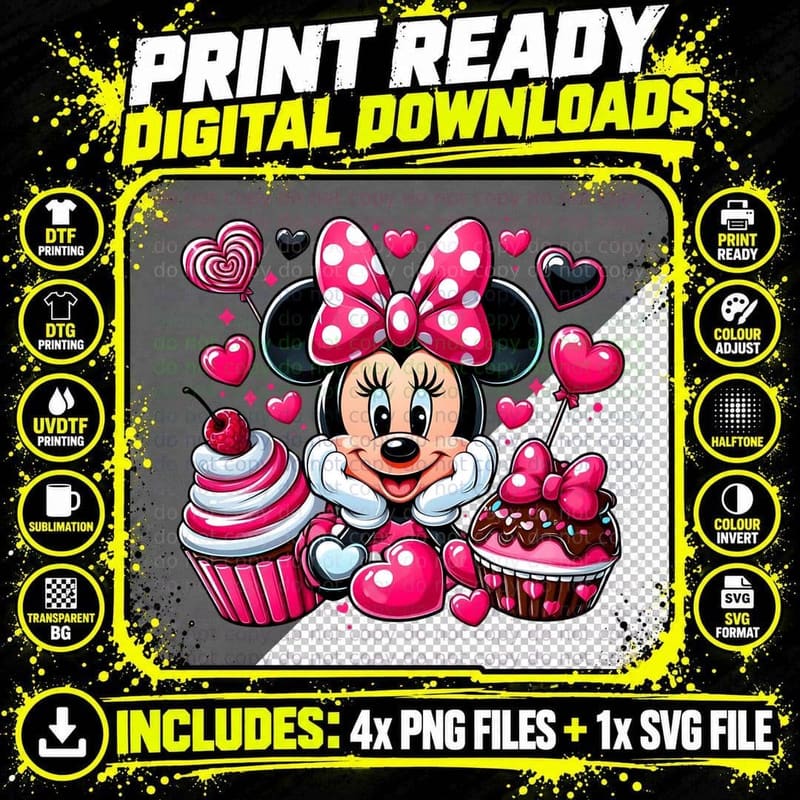 Minnie Cupcake Pink Red Frosting Hearts T-Shirt Png SVG Digital Bundle
