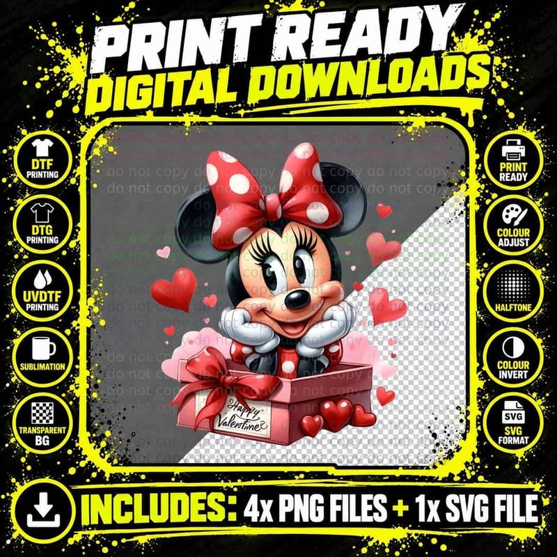 Minnie Gift Box Happy Valentines Red Pink Hearts T-Shirt Png SVG Digital Bundle