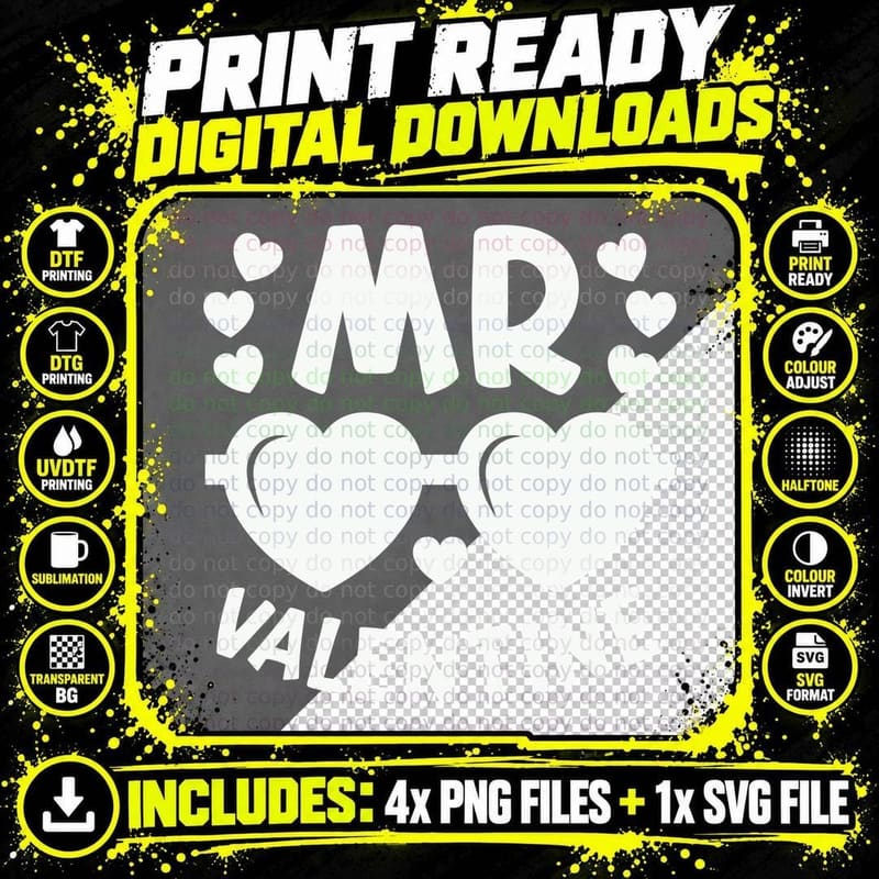Mr Valentine Black Heart Sunglasses Retro Minimalist Png SVG Digital Bundle