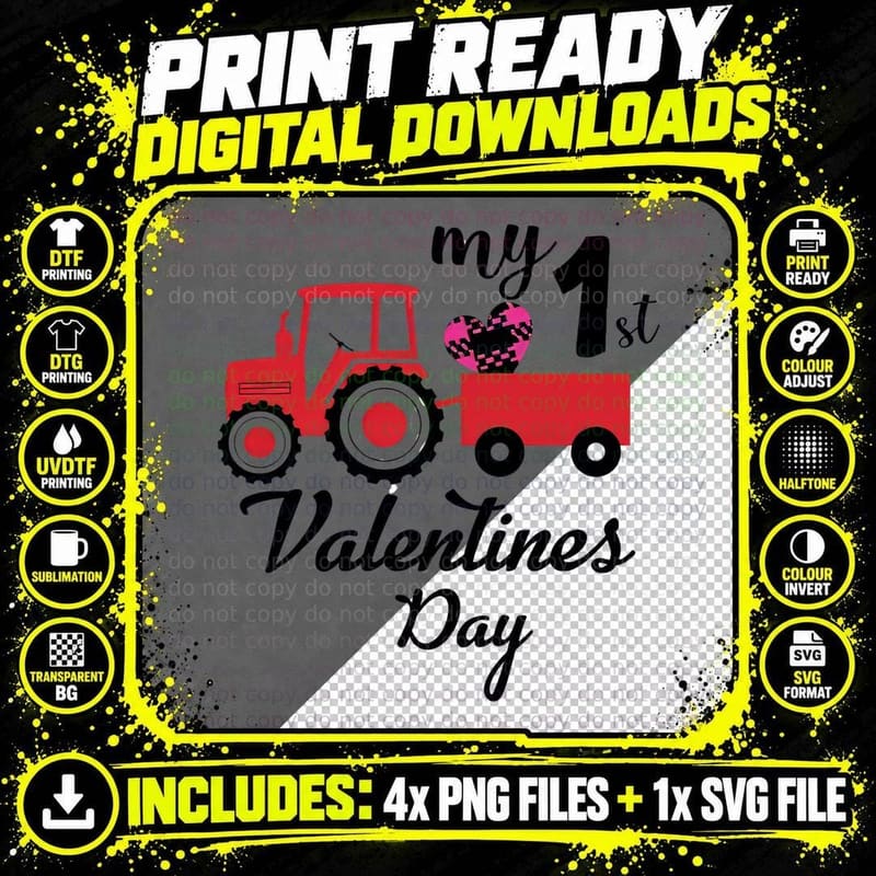 My 1st Valentine 3 Valentines Day Red Tractor with Heart Png SVG Digital Bundle