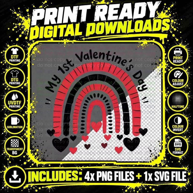 My 1st Valentine Rainbow 2 Valentine's Day Hearts Design Png SVG Digital Bundle