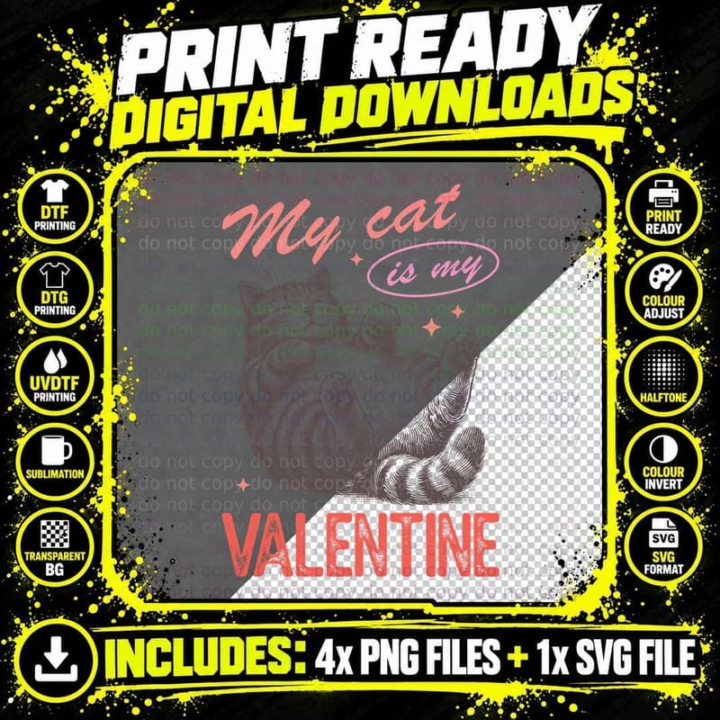 My Cat Is Valentine Line Art Love T-Shirt Png SVG Digital Bundle