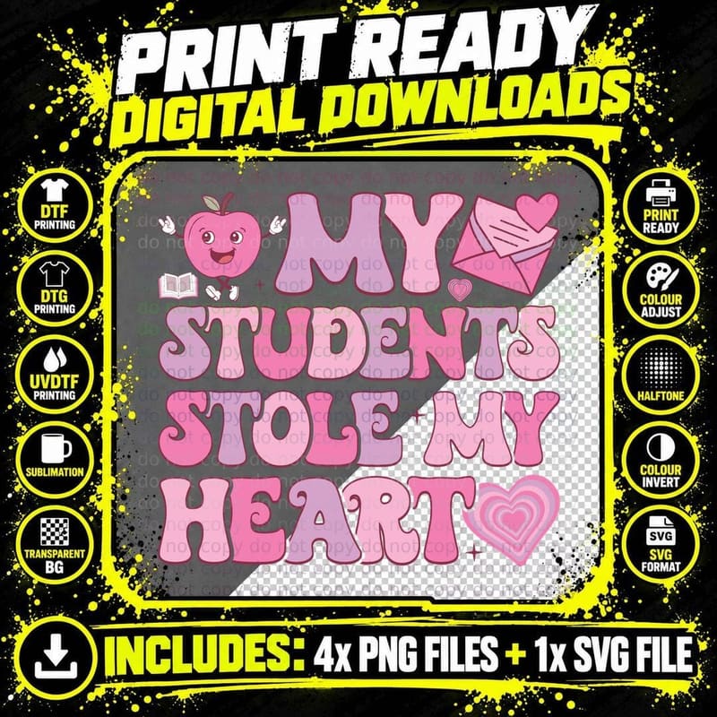 My Students Stole Heart Pink Apple Hearts Envelope Png SVG Digital Bundle