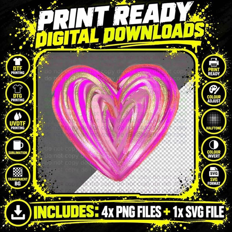 Neon Pink Gold Gradient Heart Nested Layered T-Shirt Png SVG Digital Bundle