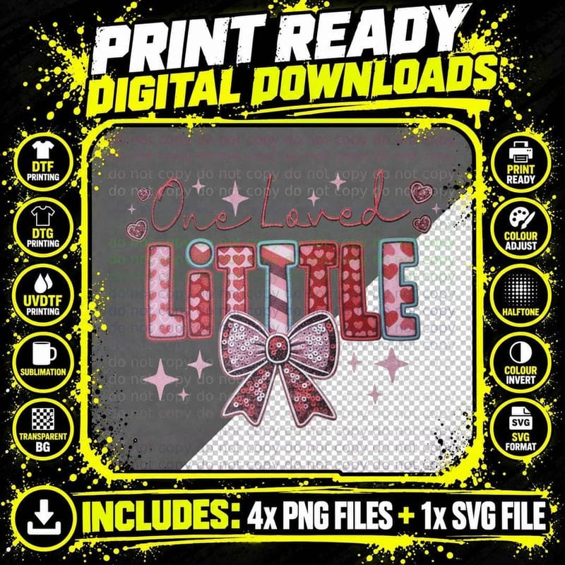 One Loved Little Sequin Bow Pink Heart Romantic T-Shirt Png SVG Digital Bundle