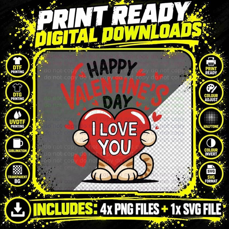 Orange Cat Heart Happy Valentine's Day I Love You and Png SVG Digital Bundle