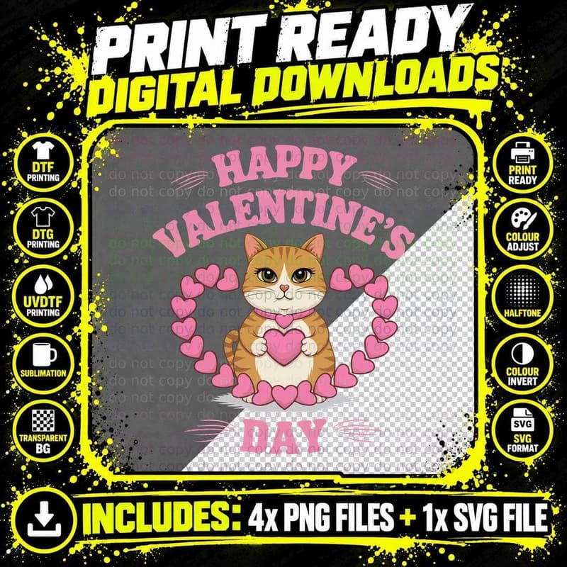 Orange Tabby Cat Happy Valentine's Day Kitten Surrounded Png SVG Digital Bundle