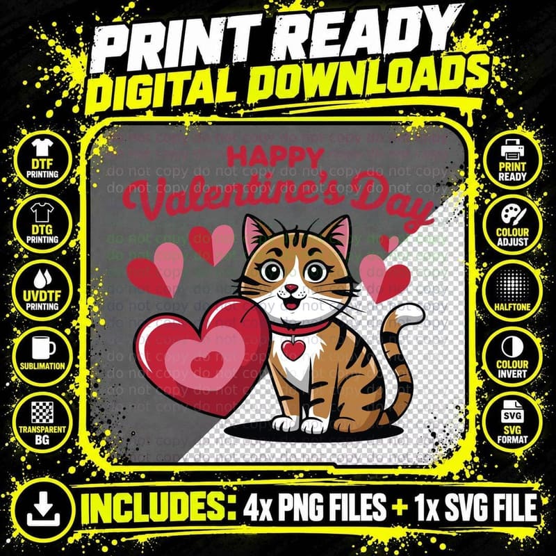 Orange and White Cat Happy Valentine's Day Tabby and Png SVG Digital Bundle