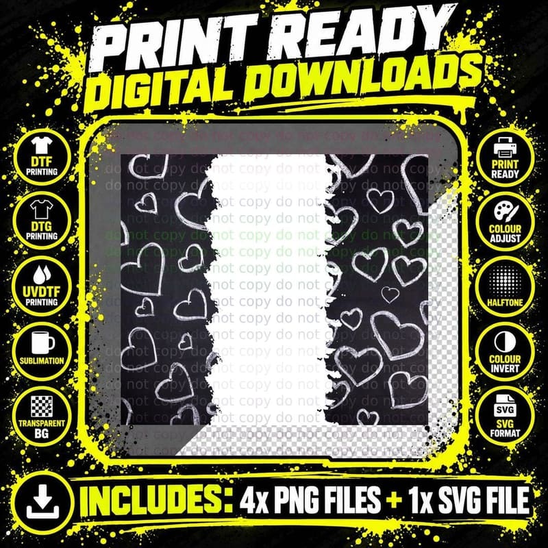Outlined Hearts Black White Minimalist Chalkboard T-Shirt Png SVG Digital Bundle