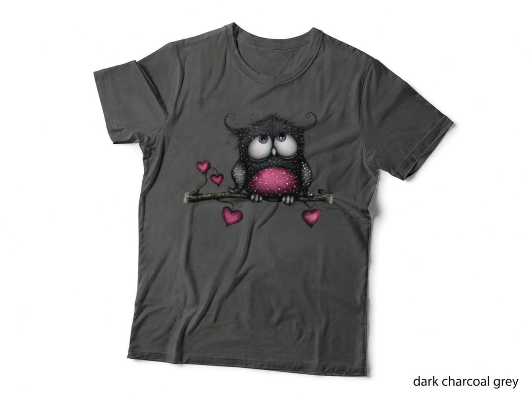 Owl Heart Black Pink Glitter Cute Sparkly T-Shirt
