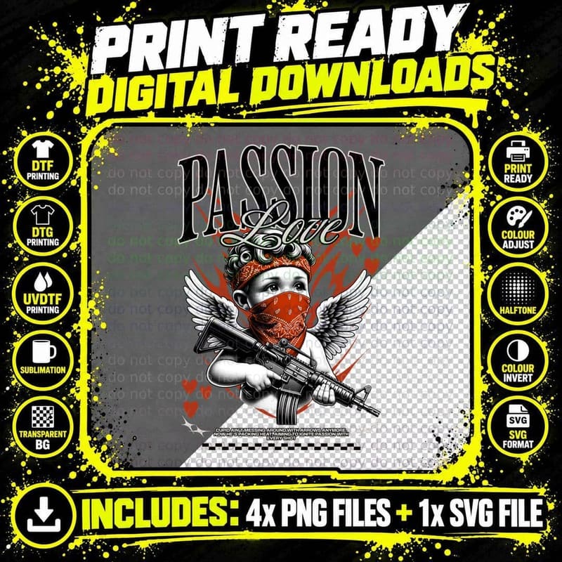 Passion Love Classical Cherub with Bandana Guns Hearts Png SVG Digital Bundle