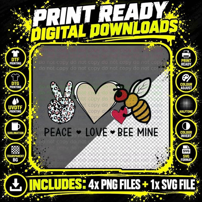Peace Love Bee Mine Sign Heart Punny Valentine T-Shirt Png SVG Digital Bundle