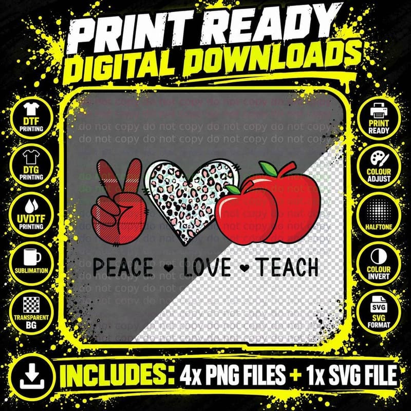 Peace Love Teach Sign Heart Apples Teacher Valentine Png SVG Digital Bundle