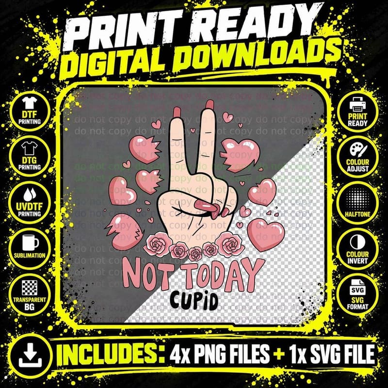 Peace Not Cupid Today Hand Sign with Hearts Roses T-Shirt Png SVG Digital Bundle