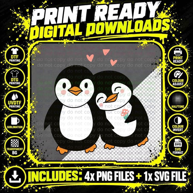 Penguin Couple Black White Romantic Simple Cute T-Shirt Png SVG Digital Bundle