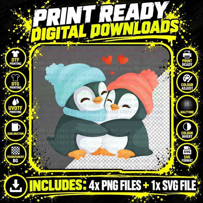 Penguin Couple Blue White Winter Hats Hearts T-Shirt Png SVG Digital Bundle