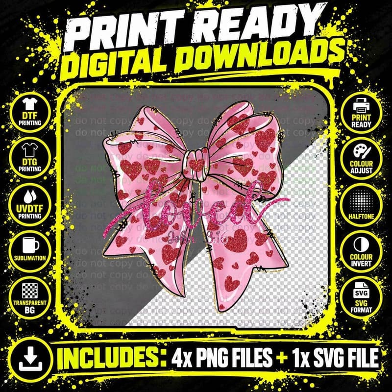 Pink Bow Red Glitter Hearts Romantic Aesthetic T-Shirt Png SVG Digital Bundle