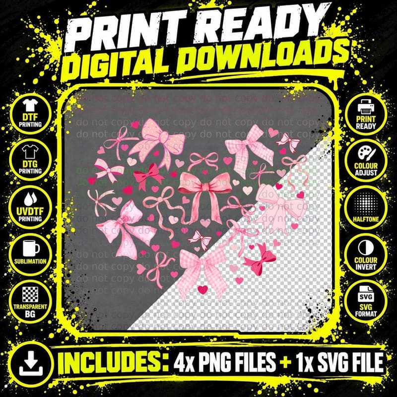 Pink Bow Ribbons Bows Hearts Pattern Cute T-Shirt Png SVG Digital Bundle