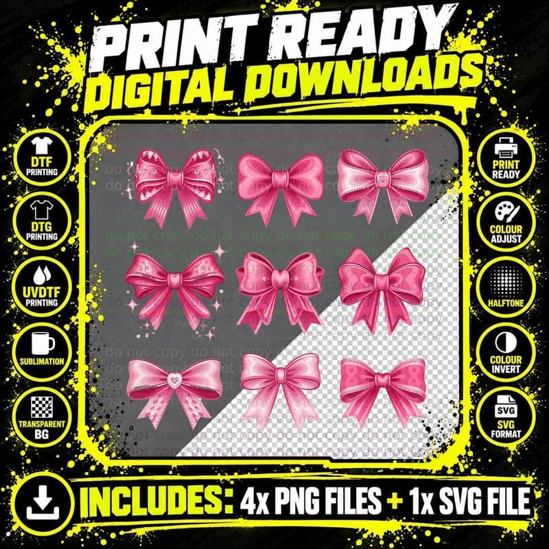 Pink Bows Nine Glitter Sparkly Glamorous Design T-Shirt Png SVG Digital Bundle