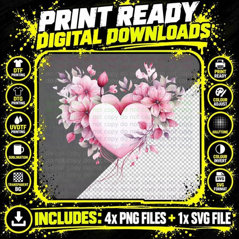 Pink Flowers White Heart Center Romantic T-Shirt Png SVG Digital Bundle