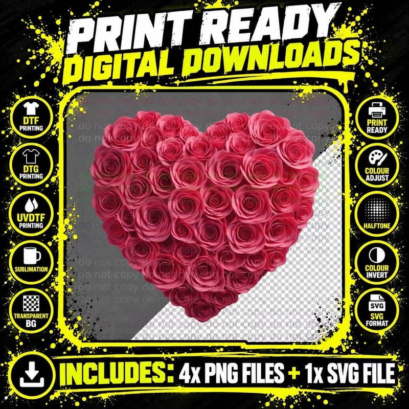 Pink Roses Heart Shape Romantic Feminine T-Shirt Png SVG Digital Bundle