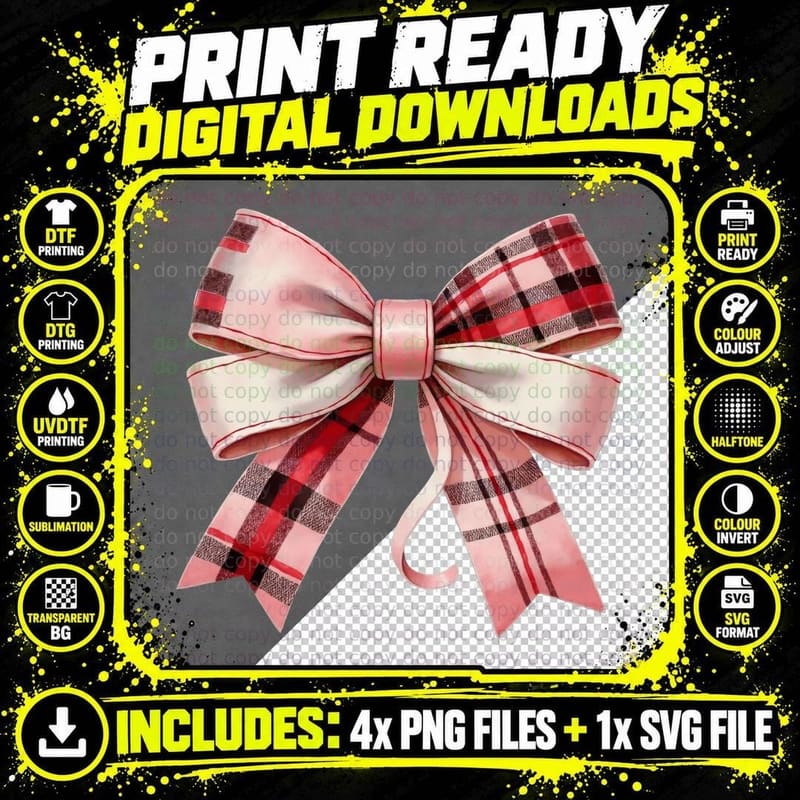 Plaid Bow Pink Patterned Tartan Design T-Shirt Png SVG Digital Bundle