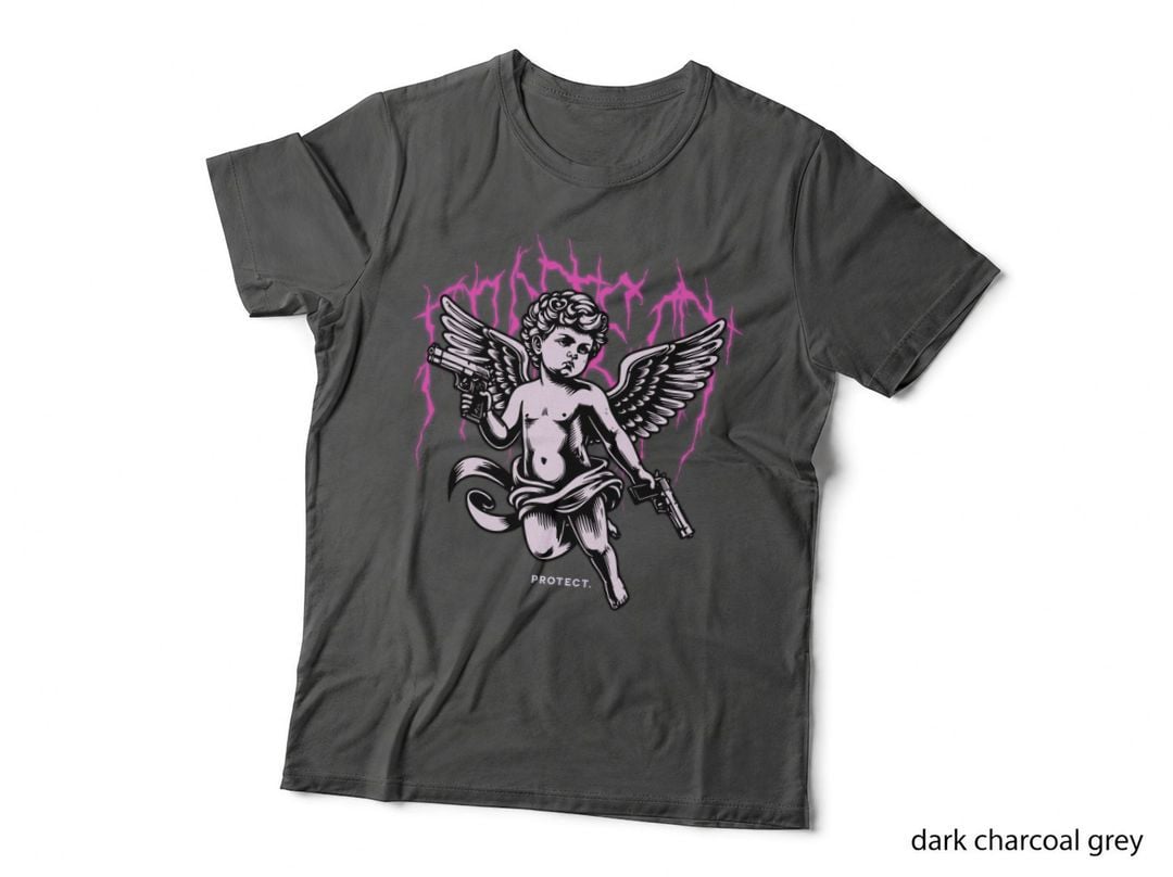 Protect White Cherub with Guns Pink Fire Angel Wings T-Shirt