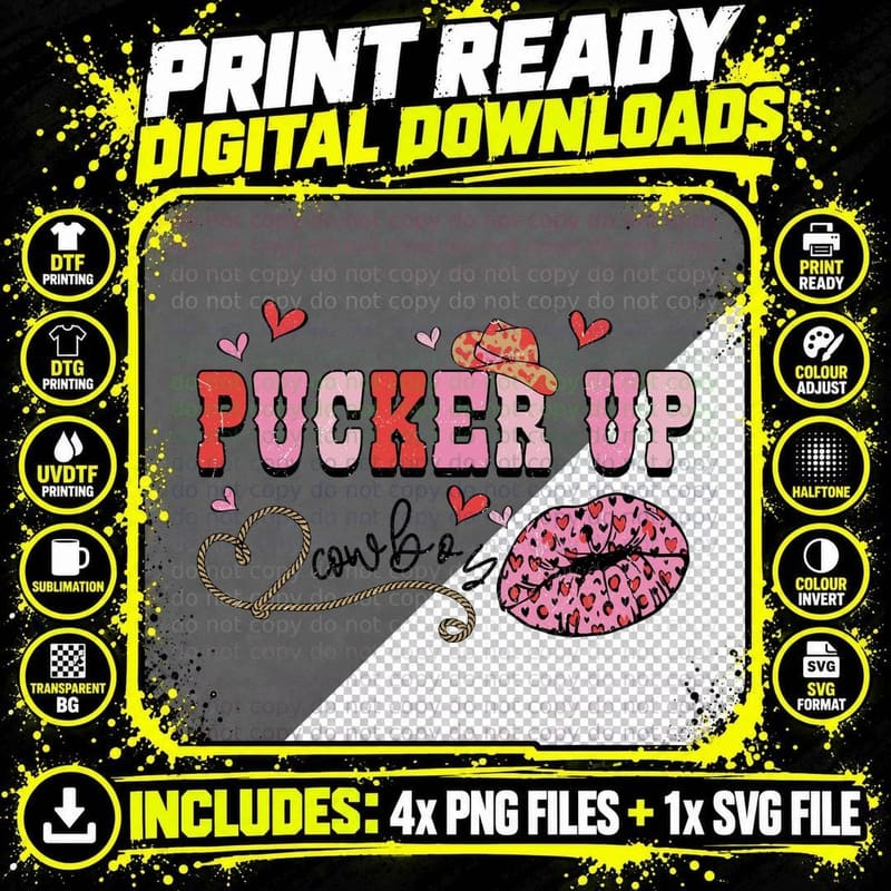 Pucker up Cowgirl Cowboy Kiss Pink Lips Rope Lasso Png SVG Digital Bundle