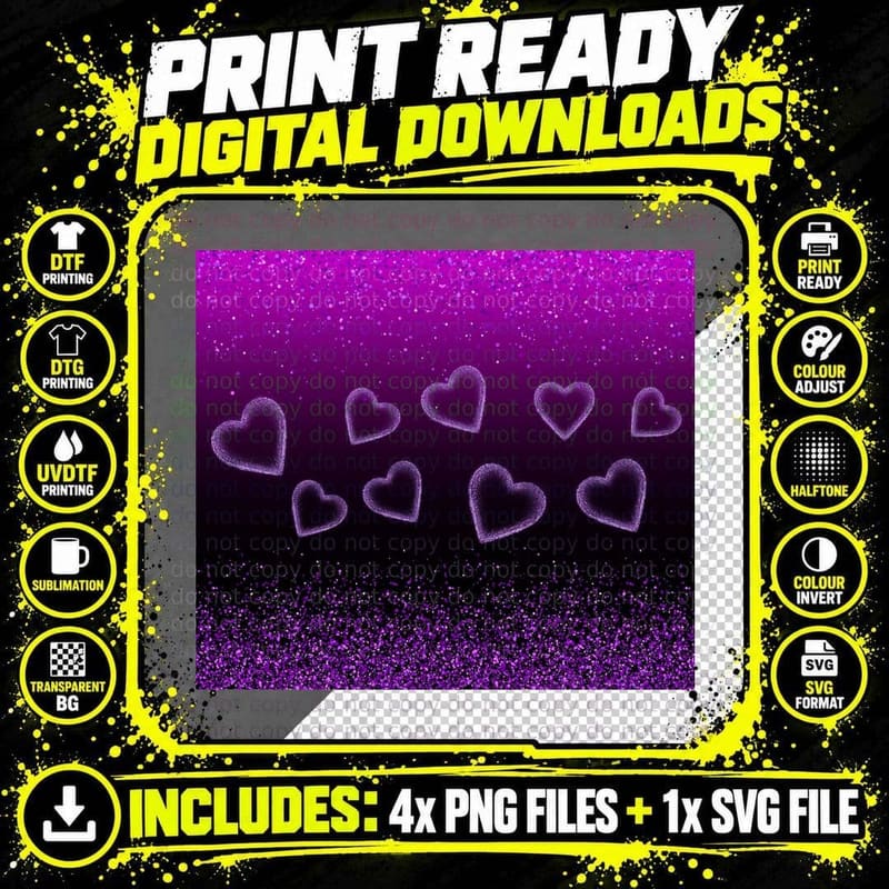 Purple Hearts Glitter Dark Background Outline T-Shirt Png SVG Digital Bundle