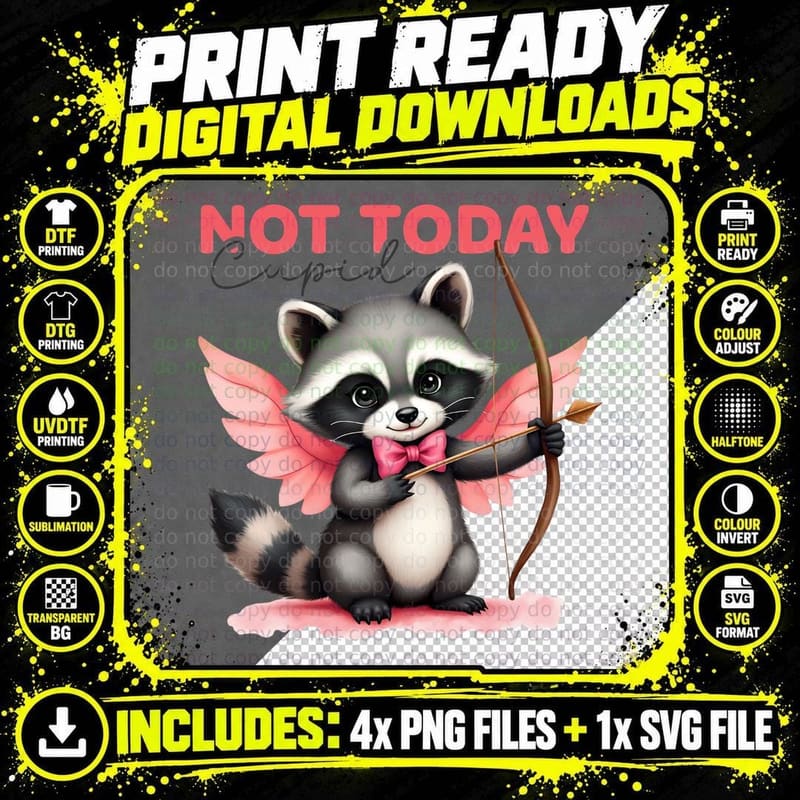 Raccoon Not Today Cupid Archer with Bow Pink T-Shirt Png SVG Digital Bundle