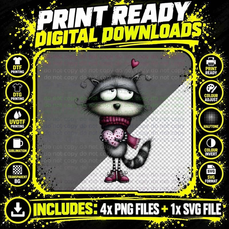 Raccoon Scarf Heart Cute T-Shirt Png SVG Digital Bundle