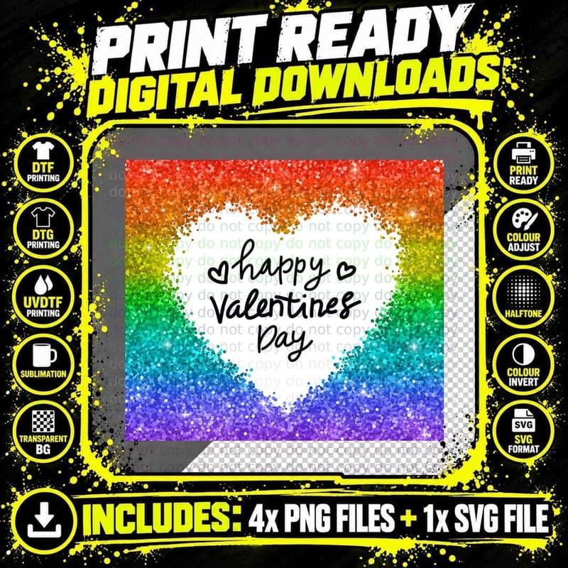 Rainbow Heart Happy Valentine's Day Gradient Glitter Png SVG Digital Bundle