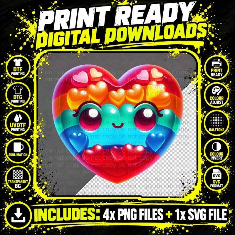 Rainbow Heart Smiling Face Colorful Playful T-Shirt Png SVG Digital Bundle