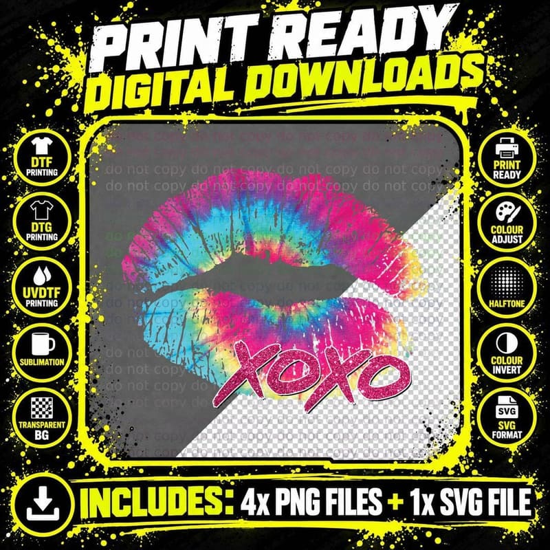 Rainbow Lips XOXO Neon Glitter Vibrant Trendy T-Shirt Png SVG Digital Bundle