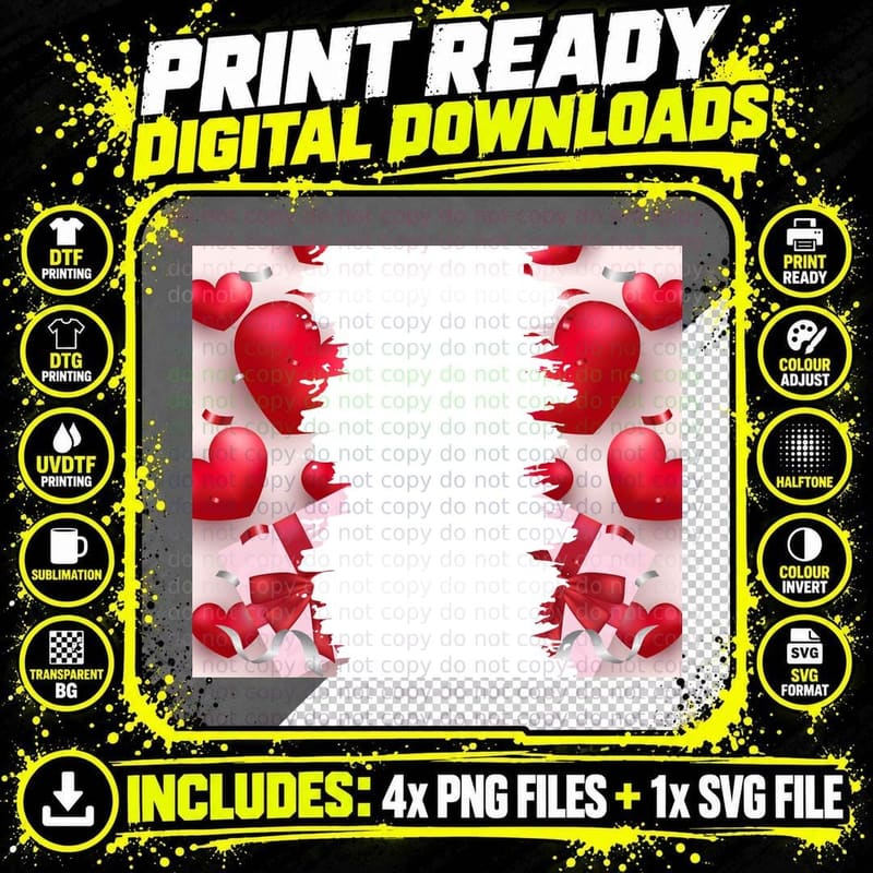 Red Heart Ribbons Splatter Pink White T-Shirt Png SVG Digital Bundle