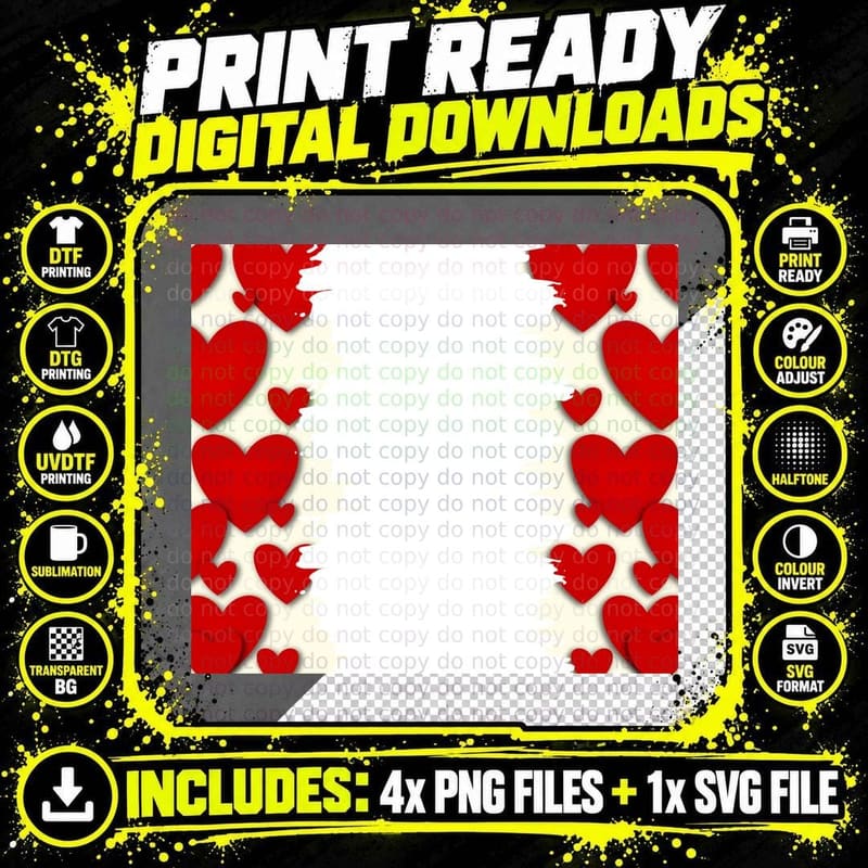 Red Hearts 3D Scattered Cream Background T-Shirt Png SVG Digital Bundle